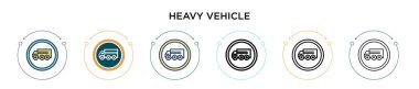 Ağır araç simgesi doldurulmuş, ince çizgi, ana hatlar ve vuruş stili. Mobil, ui, web için iki renkli ve siyah ağır araç vektör ikonu tasarımı vektör illüstrasyonu kullanılabilir