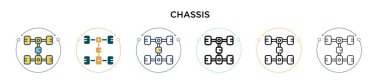 Chassis simgesi dolu, ince çizgi, özet ve vuruş stili. Mobil, ui, web için iki renkli ve siyah şasi vektör simgesinin vektör çizimi kullanılabilir