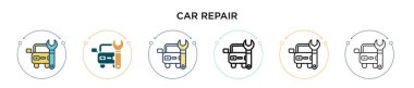Araba tamir ikonu, ince çizgi, özet ve vuruş stili. Mobil, ui, web için iki renkli ve siyah araba tamir ikonu tasarımı vektör illüstrasyonu kullanılabilir