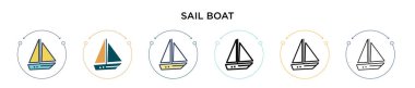 Yelkenli teknesi simgesi dolu, ince çizgi, ana hatlar ve vuruş stili. Mobil, ui, web için iki renkli ve siyah yelken tekne vektör ikonu tasarımı vektör illüstrasyonu kullanılabilir