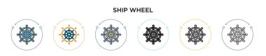 Gemi tekeri simgesi doldurulmuş, ince çizgi, ana hatlar ve vuruş stili. Mobil, ui, web için iki renkli ve siyah gemi tekerlek vektör ikonu tasarımı vektör illüstrasyonu kullanılabilir