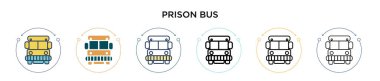 Hapishane otobüsü ikonu, ince çizgi, özet ve vuruş stili. İki renkli ve siyah hapishane yolu vektör simgesi tasarımı mobil, ui, web için kullanılabilir