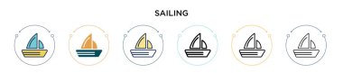 Yelkenli ikonu, ince çizgi, ana hatlar ve vuruş stili. Mobil, ui, web için iki renkli ve siyah yelken vektör ikonu tasarımı vektör illüstrasyonu kullanılabilir