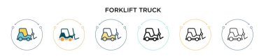 Forklift kamyon ikonu dolu, ince çizgi, ana hatlar ve vuruş stili. Mobil, ui, web için iki renkli ve siyah forklift vektör ikonu tasarımı vektör illüstrasyonu kullanılabilir
