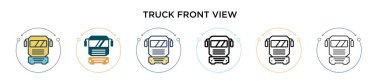 Kamyon ön görüntü simgesi doldurulmuş, ince çizgi, ana hatlar ve vuruş stili. Mobil, ui, web için iki renkli ve siyah kamyon ön görünüm vektör ikonu tasarımı vektör illüstrasyonu kullanılabilir