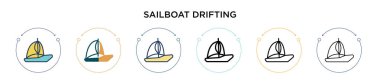 Yelkenli kayığı ikon halinde sürükleniyor, ince çizgi, ana hatlar ve vuruş stili. İki renkli ve siyah yelkenli yanlama vektör ikonu tasarımı mobil, ui, web için kullanılabilir
