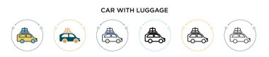 Bagaj ikonu dolu, ince çizgili, taslak ve vuruş stili bir araba. Bagaj vektör ikonlarına sahip iki renkli ve siyah arabanın vektör illüstrasyonu mobil, ui, web için kullanılabilir