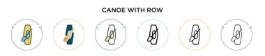 Sıra simgesi dolu, ince çizgili, ana hatlı ve vuruş stili olan bir kano. Satır vektör simgelerine sahip iki renkli ve siyah kanonun vektör illüstrasyonu mobil, ui, web için kullanılabilir