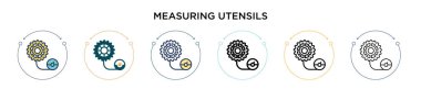 Mutfak gereçleri simgesini ince çizgi, dış hatlar ve vuruş stiliyle ölçmek. Mobil, ui, web için iki renkli ve siyah ölçüm gereçleri vektör simgesi tasarımı vektör illüstrasyonu kullanılabilir