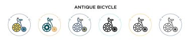 Dopdolu, ince çizgili, dış hatlı ve vuruş stili antik bisiklet ikonu. Mobil, ui, web için iki renkli ve siyah antika bisiklet vektör ikonu tasarımı vektör illüstrasyonu kullanılabilir