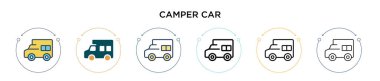 Kamp arabası ikonu dolu, ince çizgi, özet ve vuruş stili. Mobil, ui, web için iki renkli ve siyah karavan araba vektör ikonu tasarımı vektör illüstrasyonu kullanılabilir