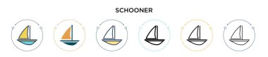 Schooner simgesi doldurulmuş, ince çizgi, özet ve vuruş stili. Mobil, ui, web için iki renkli ve siyah uskuna vektör ikonu tasarımı kullanılabilir