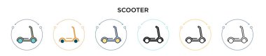 Scooter ikonu dolu, ince çizgi, ana hatlar ve vuruş stili. Mobil, ui, web için iki renkli ve siyah scooter vektör ikonu tasarımı vektör illüstrasyonu kullanılabilir