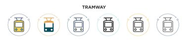 Tramvay ikonu dolu, ince çizgi, özet ve vuruş stili. Mobil, ui, web için iki renkli ve siyah tramvay vektör ikonu tasarımının vektör illüstrasyonu kullanılabilir