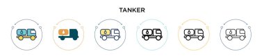Tanker simgesi dolu, ince çizgi, özet ve vuruş stili. Mobil, ui, web için iki renkli ve siyah tanker vektör ikonu tasarımının vektör illüstrasyonu kullanılabilir