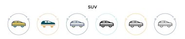Suv simgesi doldurulmuş, ince çizgi, özet ve vuruş stili. Mobil, ui, web için iki renkli ve siyah SUV vektör ikonu tasarımı vektör illüstrasyonu kullanılabilir