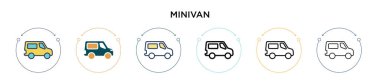 Minivan simgesi doldurulmuş, ince çizgi, özet ve vuruş stili. Mobil, ui, web için iki renkli ve siyah minivan vektör ikonu tasarımı vektör illüstrasyonu kullanılabilir