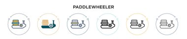 Paddlewheeler simgesi doldurulmuş, ince çizgi, ana hatlar ve vuruş stili. Mobil, ui, web için iki renkli ve siyah Paddlewheeler vektör simgesi tasarımı kullanılabilir