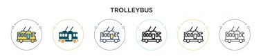 Trolleybus simgesi doldurulmuş, ince çizgi, ana hatlar ve vuruş stili. Mobil, ui, web için iki renkli ve siyah troleybüs vektör simgesi tasarımı vektör illüstrasyonu kullanılabilir