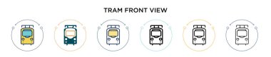 Tramvay ön görüntü simgesi dolu, ince çizgi, özet ve vuruş stili. Mobil, ui, web için iki renkli ve siyah tramvay önizleme vektör simgesi tasarımı vektör illüstrasyonu kullanılabilir