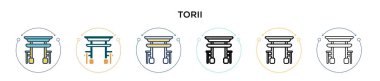 Torii simgesi dolu, ince çizgi, özet ve vuruş stili. Mobil, ui, web için iki renkli ve siyah torii vektör ikonu tasarımı vektör illüstrasyonu kullanılabilir