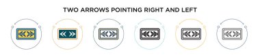Sağ ve sol ikonu gösteren iki ok. Dopdolu, ince çizgi, ana hatlar ve vuruş stili. Sağ ve sol vektör simgelerini gösteren iki renkli ve siyah okun vektör illüstrasyonu kullanılabilir