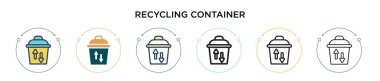 Geri dönüşüm konteynır simgesi doldurulmuş, ince çizgi, ana hatlar ve vuruş stili. Mobil, ui, web için iki renkli ve siyah geri dönüşüm taşıyıcı vektör ikonu tasarımının vektör illüstrasyonu kullanılabilir