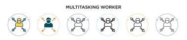 Çoklu görev yapan işçi simgesi doldurulmuş, ince çizgi, taslak ve vuruş stili. Mobil, ui, web için iki renkli ve siyah çoklu görev çalışan vektör ikonu tasarımı vektör illüstrasyonu kullanılabilir