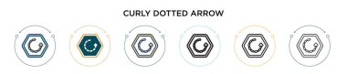 Kıvırcık noktalı ok simgesi dolu, ince çizgi, ana hatlar ve vuruş stili. Mobil, ui, web için iki renkli ve siyah noktalı ok vektör simgesinin vektör çizimi kullanılabilir