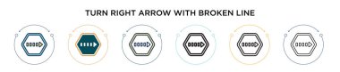 Kırık çizgi simgesiyle sağa dön. Dolu, ince çizgi, ana hatlar ve vuruş stili. Kırık çizgi vektör simgelerine sahip iki renkli ve siyah sağ okun vektör illüstrasyonu kullanılabilir 