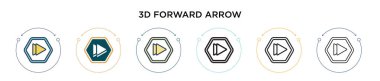 3D ileri ok simgesi doldurulmuş, ince çizgi, özet ve vuruş stili. Mobil, ui, web için iki renkli ve siyah 3d ileri ok vektör simgesi tasarımı vektör illüstrasyonu kullanılabilir
