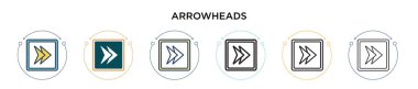 Ok başları simgesi doldurulmuş, ince çizgi, özet ve vuruş stili. Mobil, ui, web için iki renkli ve siyah ok ucu vektör simgesi tasarımı vektör illüstrasyonu kullanılabilir