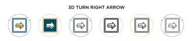 3d sağa ok simgesini doldurulmuş, ince çizgi, ana hatlar ve çizgi şeklinde çevirin. Mobil, ui, web için iki renkli ve siyah 3d dönüş ok vektör simgelerinin vektör illüstrasyonu kullanılabilir