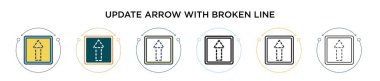 Kırık çizgi simgesi dolu, ince çizgi, ana hatlar ve vuruş stiliyle oku güncelle. Kırık çizgi vektör simgelerine sahip iki renkli ve siyah güncelleme okunun vektör illüstrasyonu 