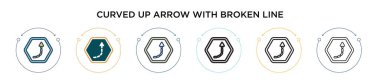 Kırık çizgi simgesi dolu, ince çizgi, dış hatlar ve vuruş stiliyle eğri bir ok. Kırık çizgi vektör simgelerine sahip iki renkli ve siyah eğimli okun vektör illüstrasyonu
