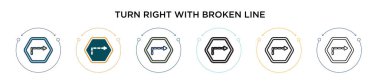 Kırık çizgi simgesi dolu, ince çizgi, ana hatlar ve vuruş stiliyle sağa dön. Kırık çizgi vektör simgeleriyle iki renkli ve siyah dönüş vektörü çizimi mobil için kullanılabilir, 