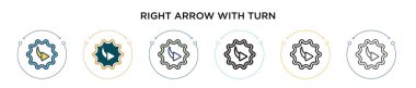 Sağ ok, döndürme simgesi ile dolu, ince çizgi, özet ve vuruş stili. Dönüş vektör simgeli iki renkli ve siyah sağ okun vektör illüstrasyonu mobil, ui, web için kullanılabilir