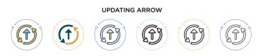 Ok simgesi doldurulmuş, ince çizgi, özet ve vuruş stili olarak güncelleniyor. İki renkli ve siyah güncelleme ok vektör simgeleri tasarımı mobil, ui, web için kullanılabilir