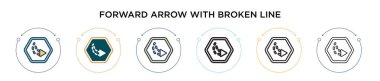 Kırık çizgi simgesiyle ileri ok, ince çizgi, dış hat ve vuruş stili. Kırık çizgi vektör simgelerine sahip iki renkli ve siyah ileri okun vektör illüstrasyonu 
