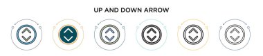 Yukarı ve aşağı ok simgesi dolu, ince çizgi, ana hat ve vuruş stili. Mobil, ui, web için iki renkli ve siyah ok vektör simgesinin vektör çizimi kullanılabilir