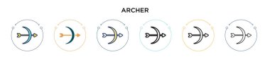 Okçu ikonu dolu, ince çizgi, özet ve vuruş stili. İki renkli ve siyah okçu vektör simgesi tasarımı mobil, ui, web için kullanılabilir