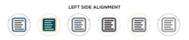 Sol taraf hizalama simgesi dolu, ince çizgi, dış hat ve vuruş stili. Mobil, ui, web için iki renkli ve siyah yan hizalama vektör ikonlarının vektör çizimi kullanılabilir