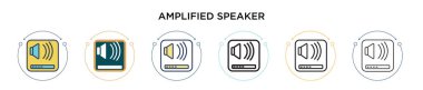 Yükseltilmiş hoparlör simgesi dolu, ince çizgi, özet ve vuruş stili. Mobil, ui, web için iki renkli ve siyah hoparlör vektör ikonlarının vektör çizimi kullanılabilir