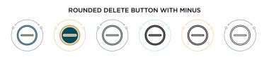Eksi simge içeren yuvarlak silme tuşu doldurulmuş, ince çizgi, taslak ve vuruş stili. Eksi vektör simgelerine sahip iki renkli ve siyah yuvarlak silme düğmesinin vektör illüstrasyonu