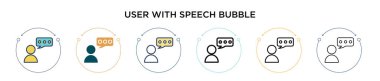 Konuşma baloncuğu simgesi dolu, ince çizgi, özet ve vuruş tarzında kullanıcı. Konuşma balonu vektör simgelerine sahip iki renkli ve siyah kullanıcının vektör illüstrasyonu mobil, ui, web için kullanılabilir
