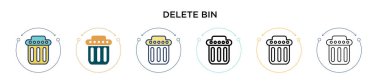 Çöp kutusunun simgesini doldurulmuş, ince çizgi halinde, ana hatlarıyla ve vuruş tarzıyla sil. İki renkli ve siyah silme çöp kutusu vektör simgesi tasarımı mobil, ui, web için kullanılabilir