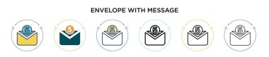 Zarfın içinde mesaj simgesi, ince çizgi, özet ve vuruş stili var. İleti vektör simgelerine sahip iki renkli ve siyah zarfın vektör illüstrasyonu mobil, ui, web için kullanılabilir