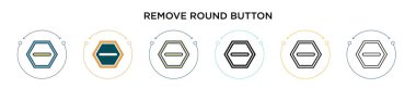 Yuvarlak düğme simgesini doldurulmuş, ince çizgi halinde, ana hatlarıyla ve vuruş tarzıyla kaldır. Mobil, ui, web için iki renkli ve siyah silme düğmesi vektör simgesi tasarımı kullanılabilir