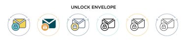 Zarf simgesinin kilidini aç, ince çizgi, ana hatlar ve vuruş stili. İki renkli ve siyah açılır zarf vektör simgesi tasarımı mobil, ui, web için kullanılabilir