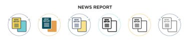 Haber ikonu doldurulmuş, ince çizgi, özet ve vuruş stili. İki renkli ve siyah haber raporu ikonlarının vektör illüstrasyonları mobil, ui, web için kullanılabilir